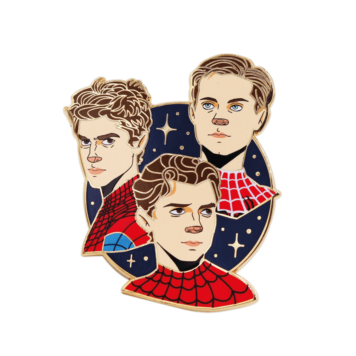 Close up of badge featuring 3 spidermen