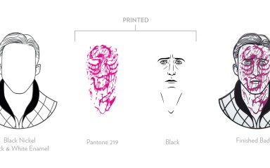 An infographic showing how we added a detailed face and blood stains to an enamel badge.