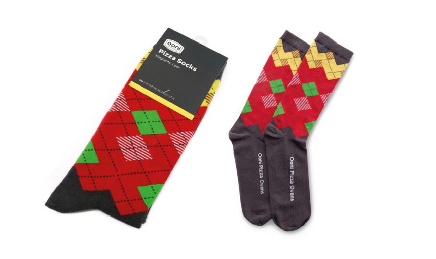 Custom pizza socks made with us by Ooni. The argyle pattern has been made to look like pizza slices.