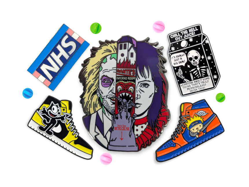 A collection of different pin badges from genres like health care, pop culture, fashion and mental health.