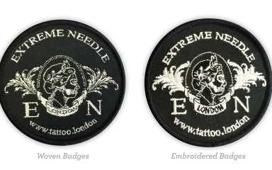 A comparison between woven and embroidered patches that feature the same design.